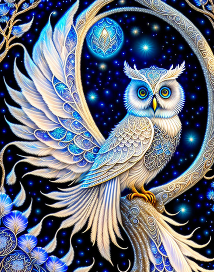 Intricate Blue and White Owl Illustration on Starry Night Background