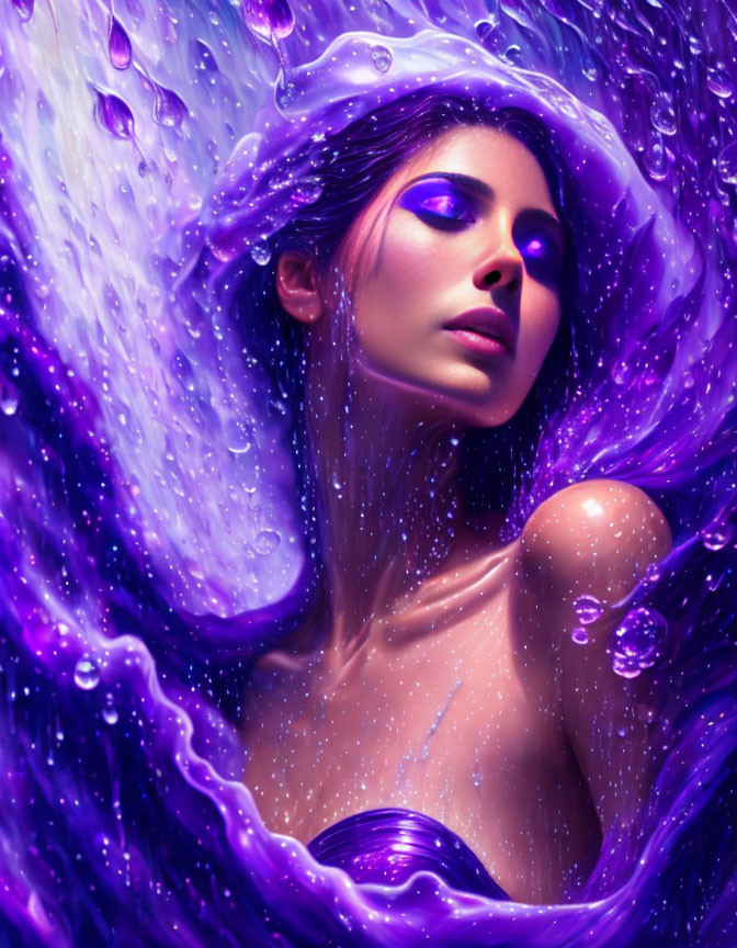 Woman in swirling purple galaxy with vibrant eyes