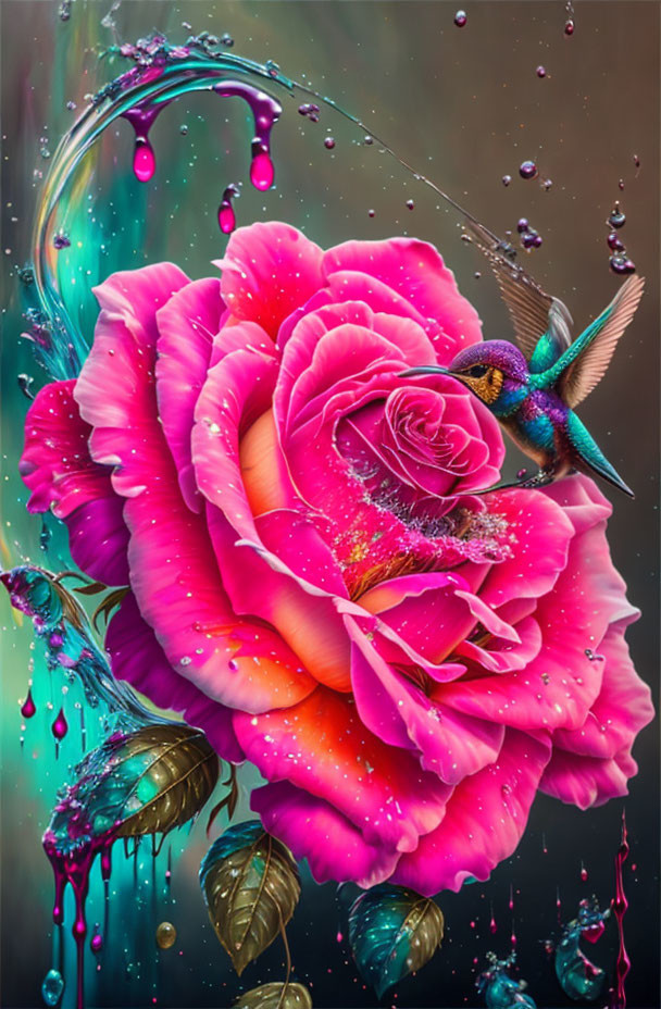 Colorful digital artwork: Large multicolored rose with hummingbird in dynamic paint splashes