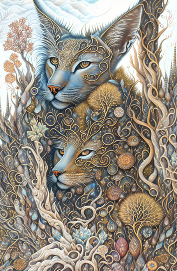 Detailed illustration: Two stylized cats with ornate flora and whimsical patterns