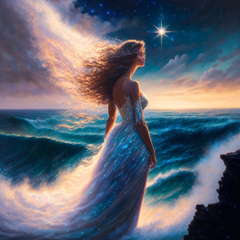 Woman in Sparkling Gown on Clifftop gazing at Starlit Sky