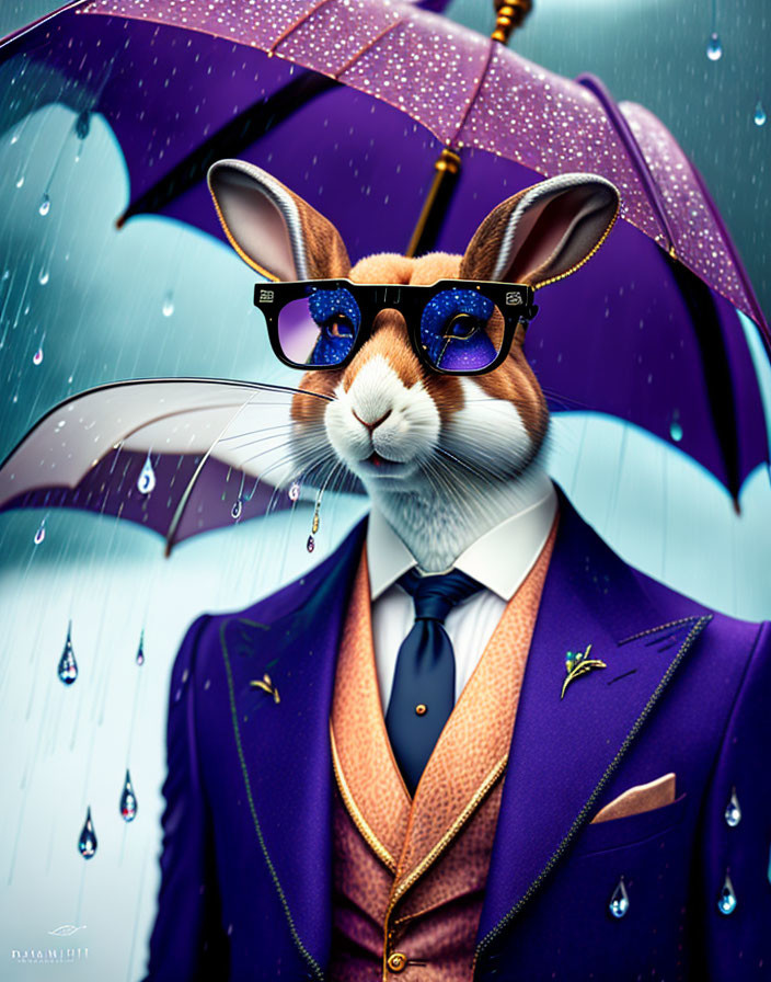 Sophisticated rabbit in suit with umbrella in rain