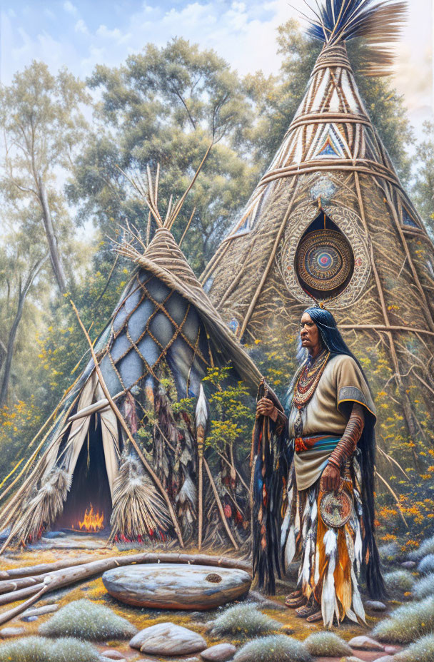 Indigenous person in traditional attire by tepee in serene forest setting