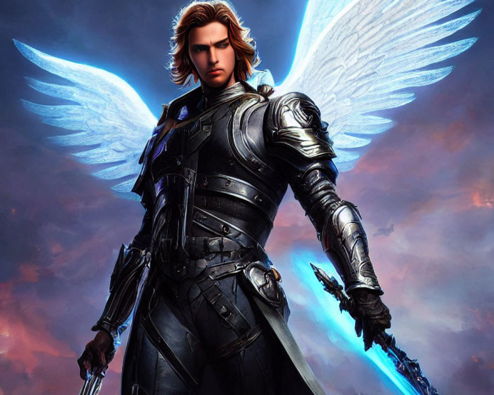 Male warrior angel digital artwork: blue glowing wings, dark armor, sword with radiant blue blade.