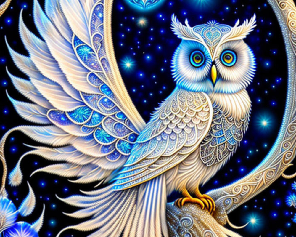 Intricate Blue and White Owl Illustration on Starry Night Background