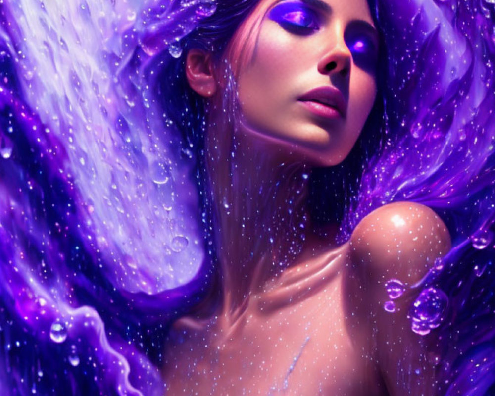 Woman in swirling purple galaxy with vibrant eyes