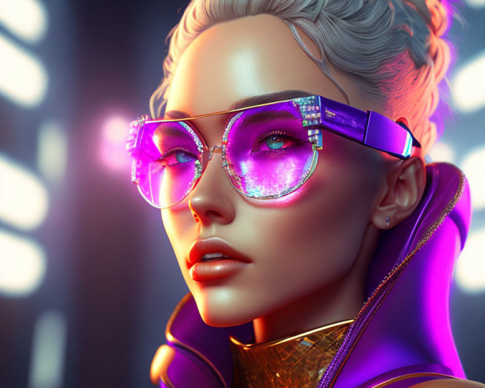 Futuristic woman with glowing violet eyes and high ponytail