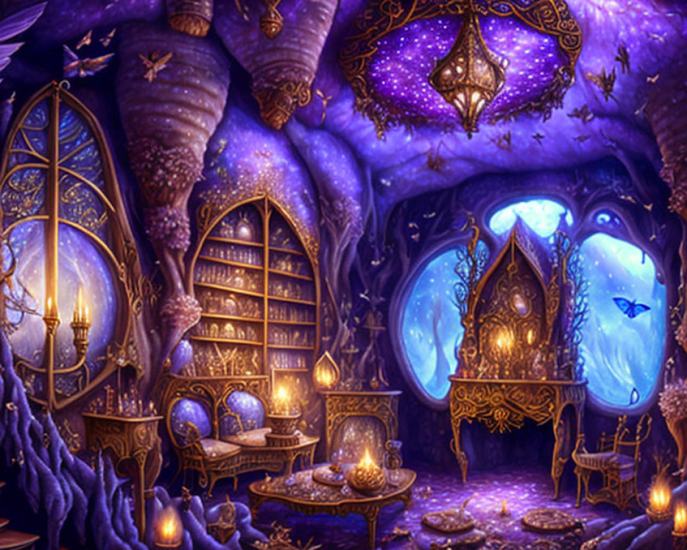 Mystical Purple Room with Elaborate Furniture and Glowing Orbs