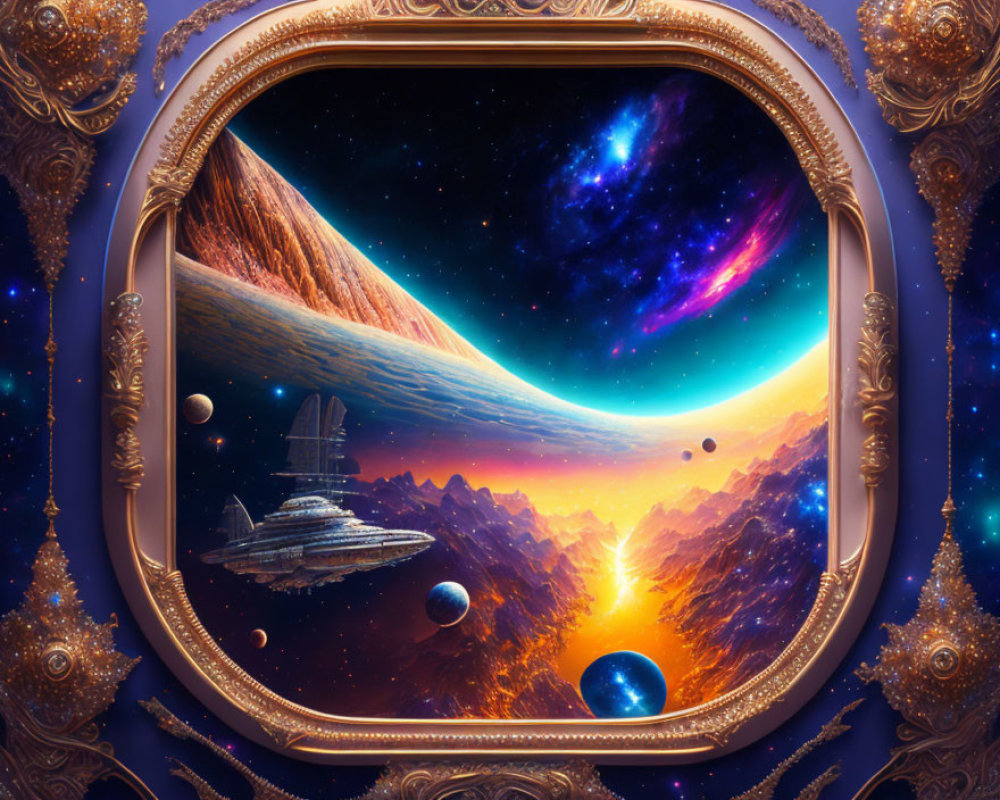 Golden Frame Surrounding Vibrant Space Scene with Spaceship, Planets, Comet, and Nebula