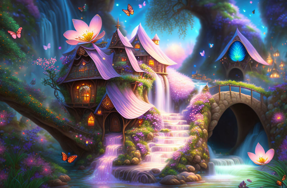 Enchanted forest scene with fairy-tale cottage, glowing waterfalls, stone bridge, butterflies,