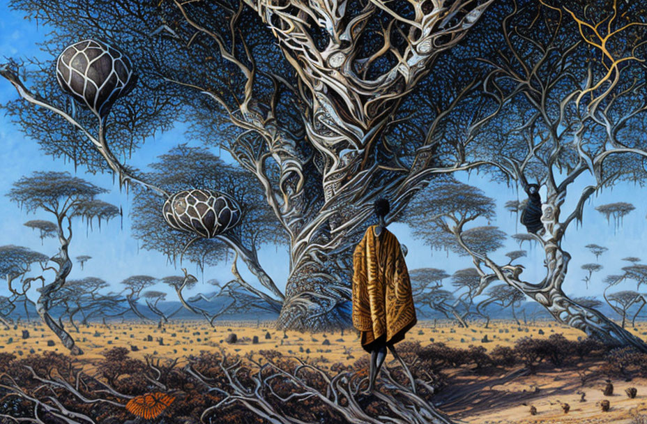 Cloaked figure under surreal tree with web-like shapes in sparse landscape