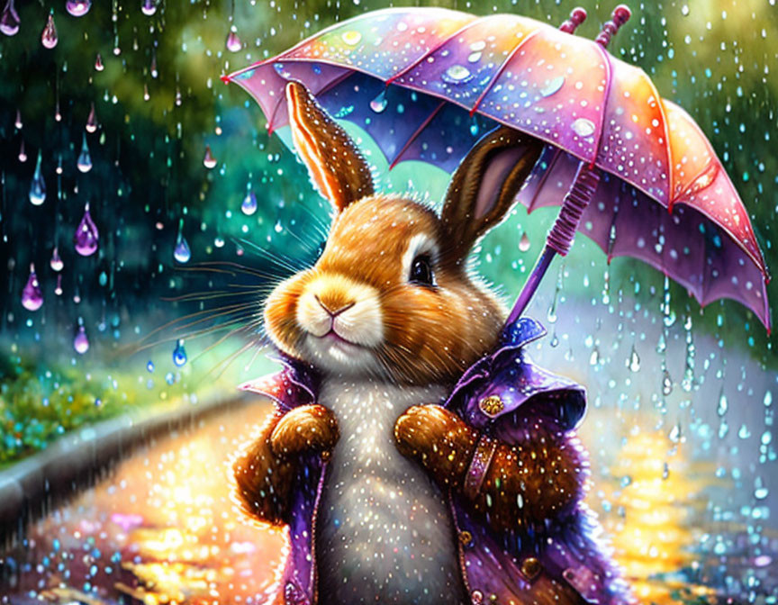 Illustration of brown rabbit with purple umbrella in rain