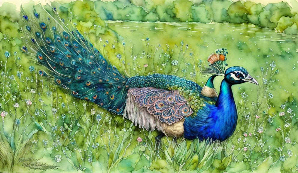 Colorful watercolor painting of a peacock in lush greenery.