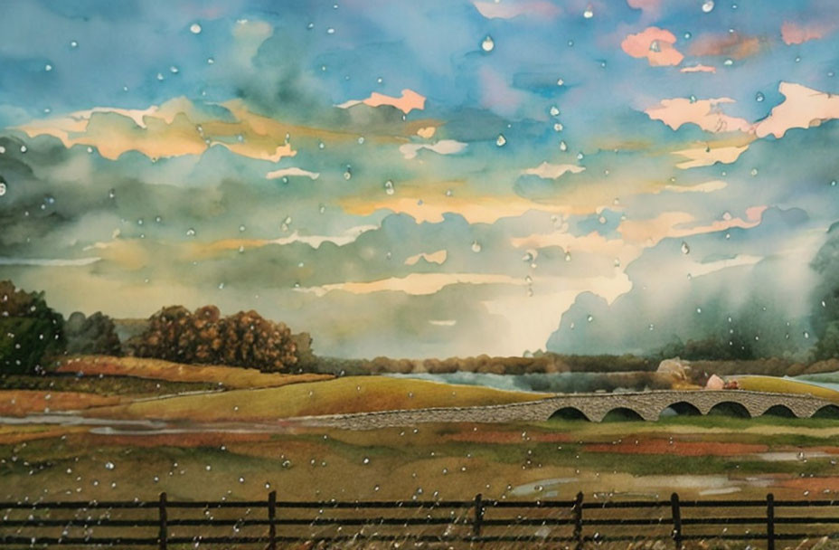 Rural landscape watercolor painting with stone bridge and dramatic sky