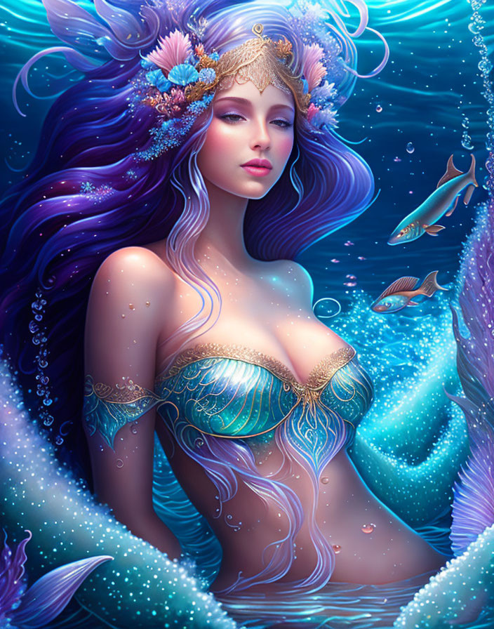 Mystical mermaid with purple hair and shell crown in underwater scene