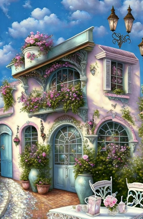 Illustration of Pastel Pink House with Hanging Flowers and Tea Setting