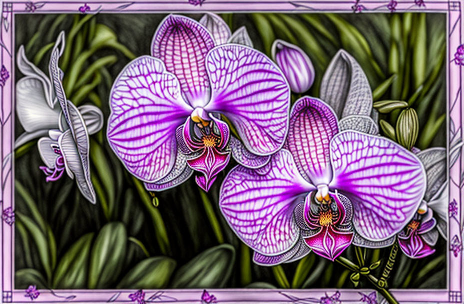 Vibrant purple-striped orchids and butterfly against green foliage with pink border