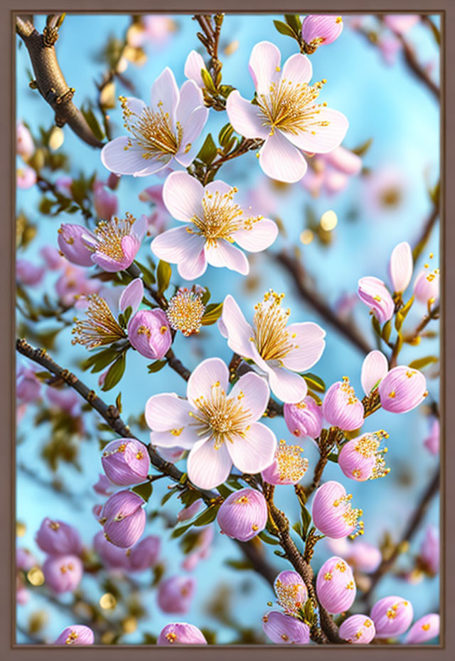 Soft pink cherry blossoms with golden centers on branches against a blue sky