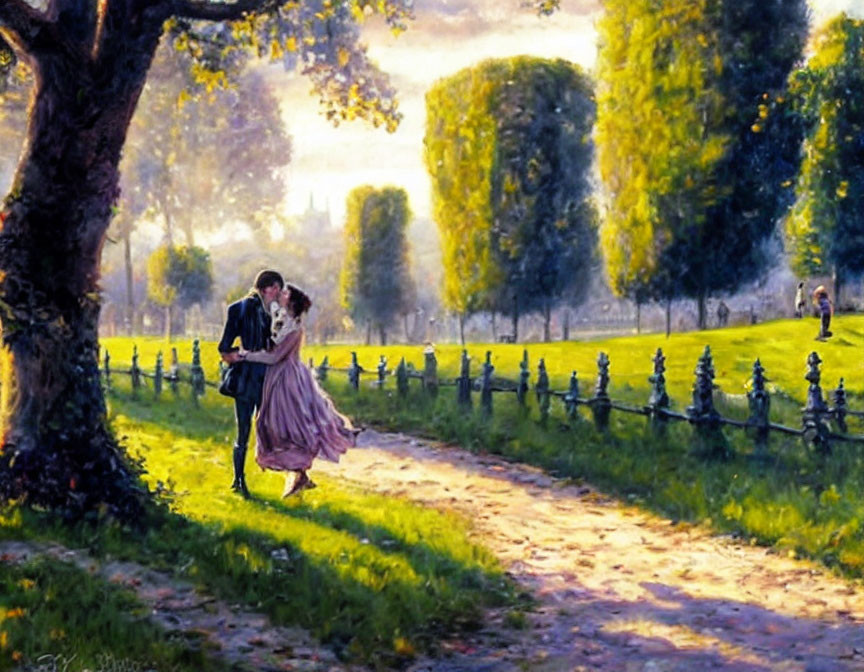 Couple Embracing in Lush Park with Sunlight and Green Trees