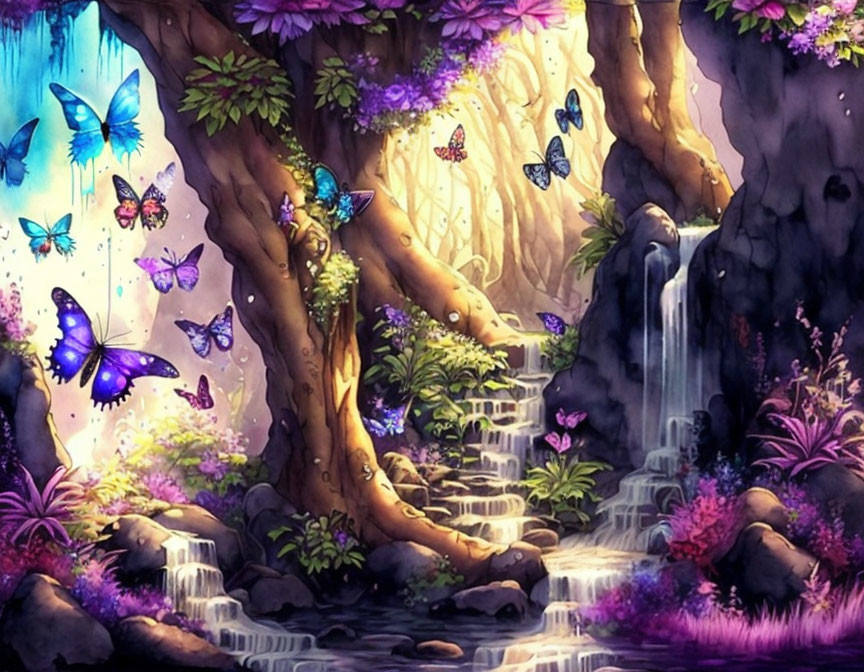 Enchanted forest scene with butterflies, waterfalls, lush foliage, and mystical glow