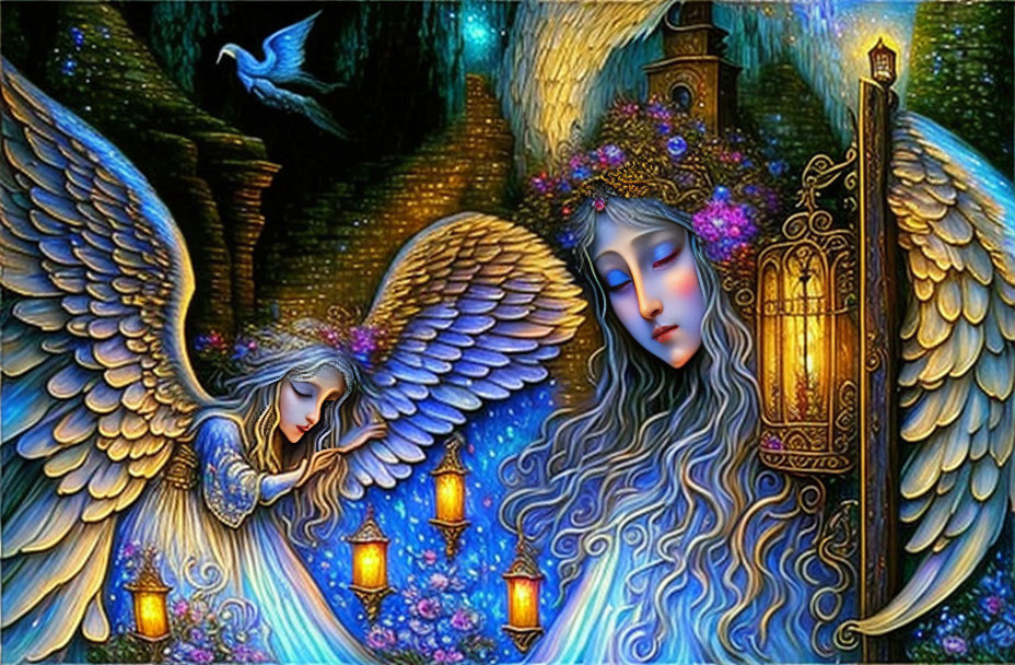 Angel with large wings in mystical setting with flowers, lanterns, castle, and dove