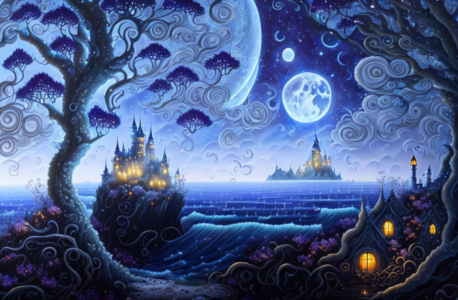 Night scene with glowing castles, full moon, starry sky, purple trees, and ocean.