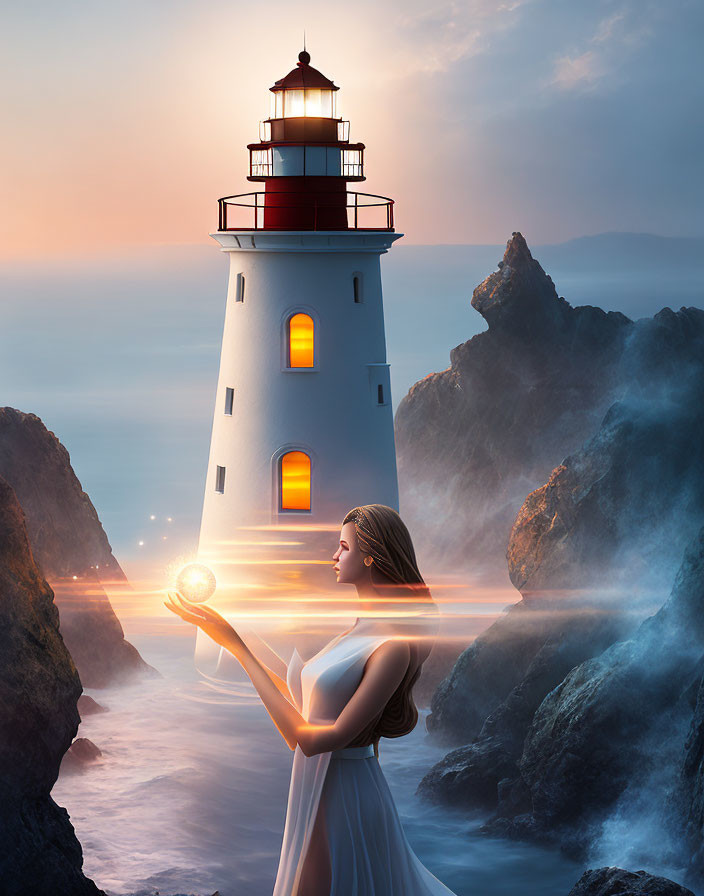 Woman in white dress with glowing orb by lighthouse at dusk