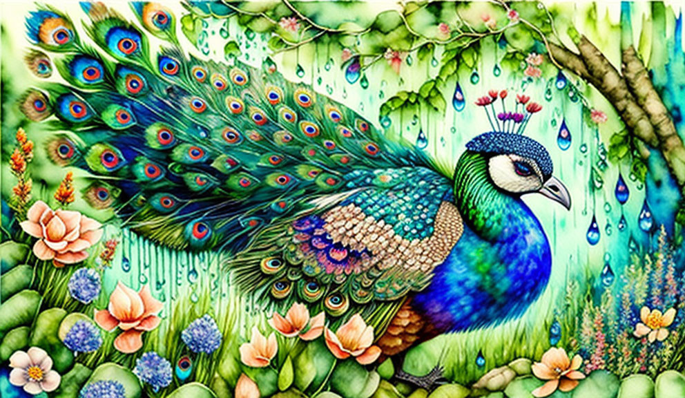 Colorful Peacock Illustration Surrounded by Greenery and Flowers