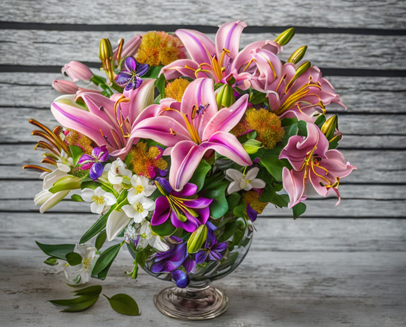 Colorful bouquet of pink lilies and purple flowers in glass vase on gray wood.