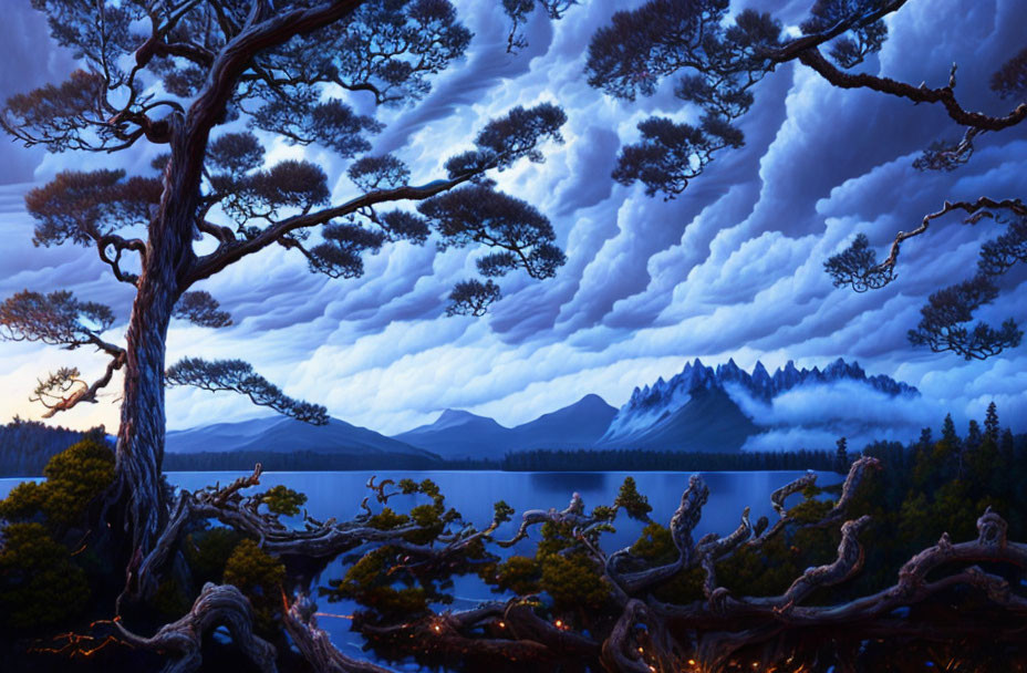 Serene lake landscape with ancient tree, mountains, and dramatic sky