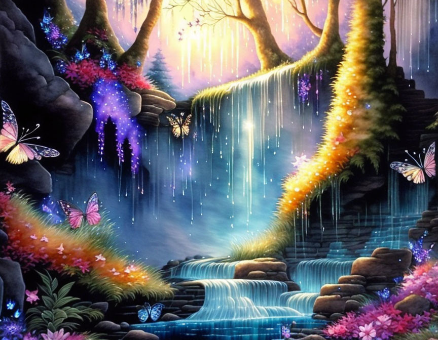 Colorful Fantasy Waterfall Scene with Butterflies and Lush Greenery