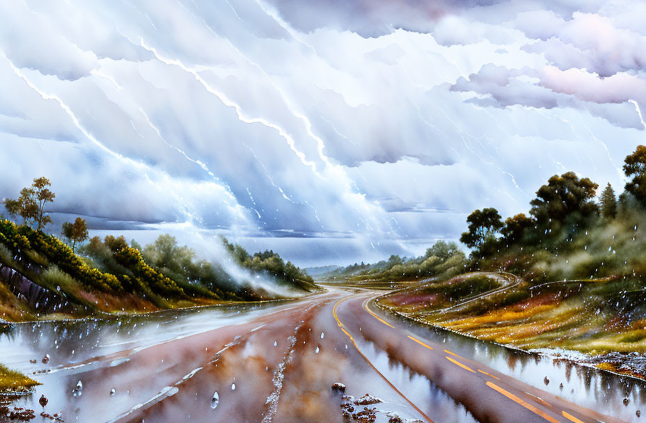 Stormy Landscape with Lightning Illuminating Road and Trees