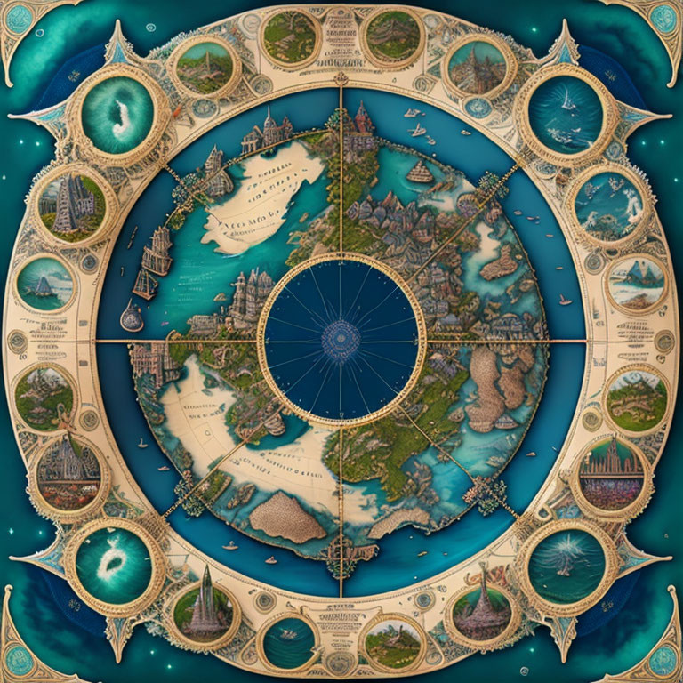 Circular Fantasy Map with Compass Rose and Mythical Landscapes, Sea Creatures, and Astrology Symbols