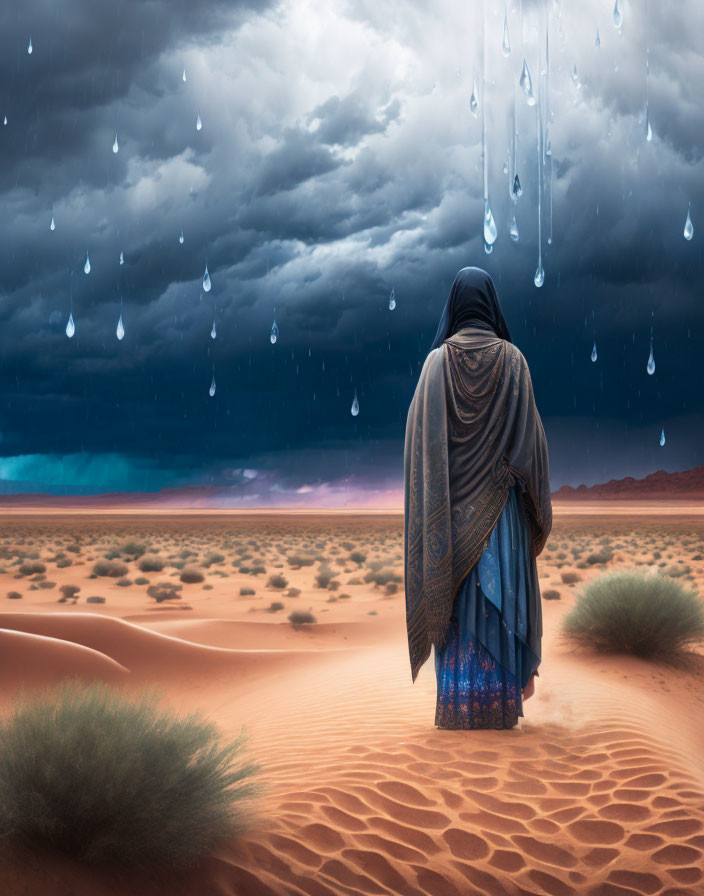 Cloaked figure in desert under stormy sky.