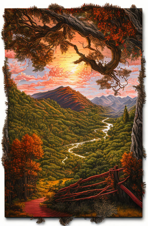 Vibrant sunset over valley with river, autumn trees, and broken fence