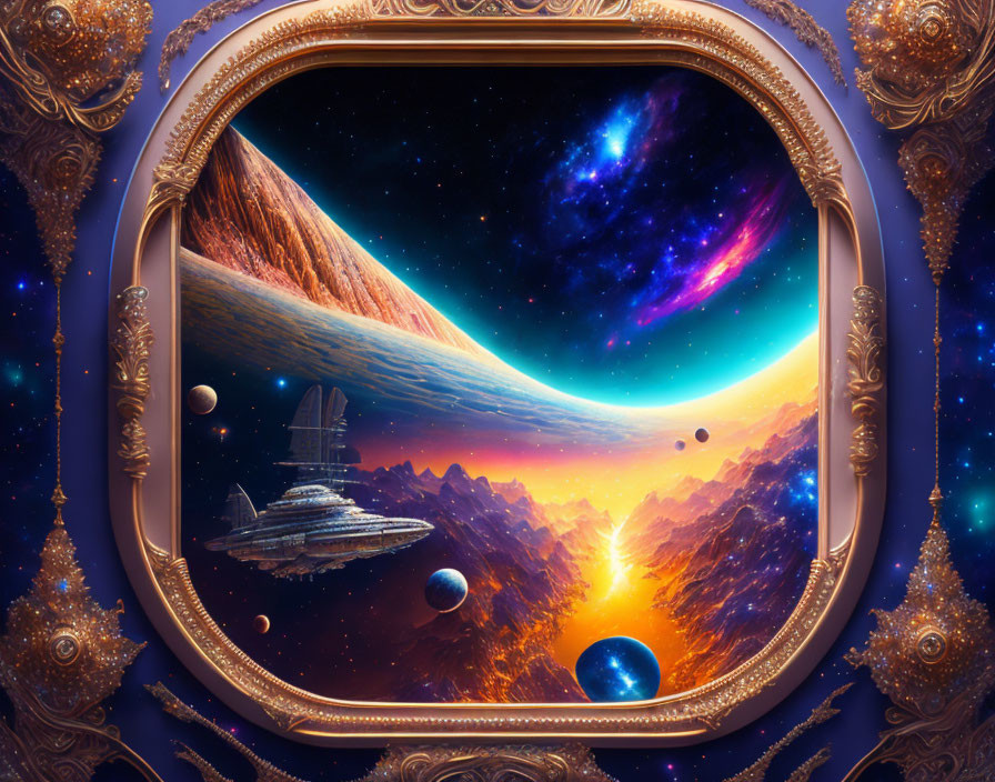 Golden Frame Surrounding Vibrant Space Scene with Spaceship, Planets, Comet, and Nebula