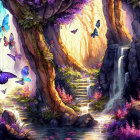 Enchanted forest scene with butterflies, waterfalls, lush foliage, and mystical glow