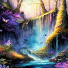 Colorful Fantasy Waterfall Scene with Butterflies and Lush Greenery