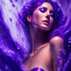 Woman in swirling purple galaxy with vibrant eyes