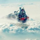 Ornately decorated fantasy airplane flying among clouds