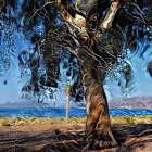 Cloaked figure under surreal tree with web-like shapes in sparse landscape