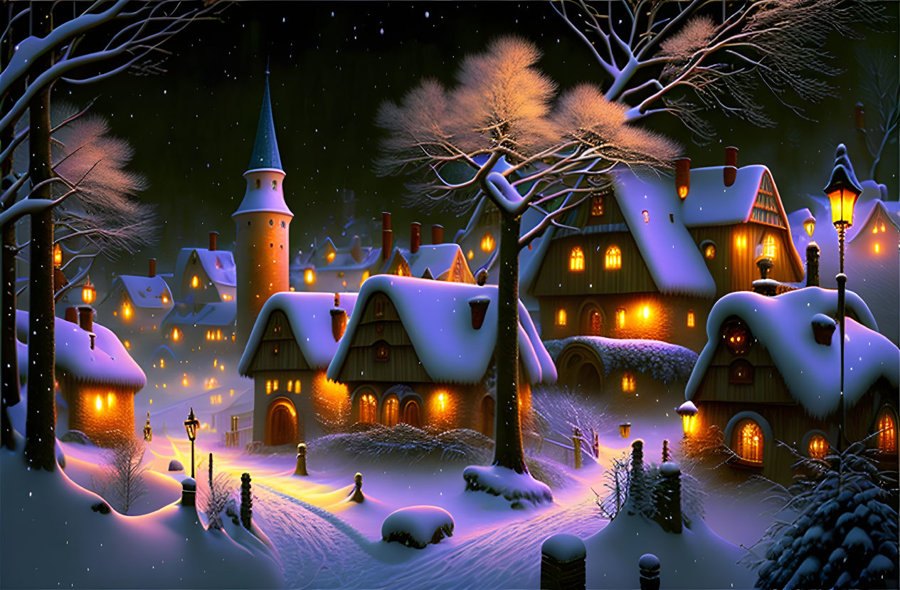 Snow-covered cottages and castle in a winter night scene