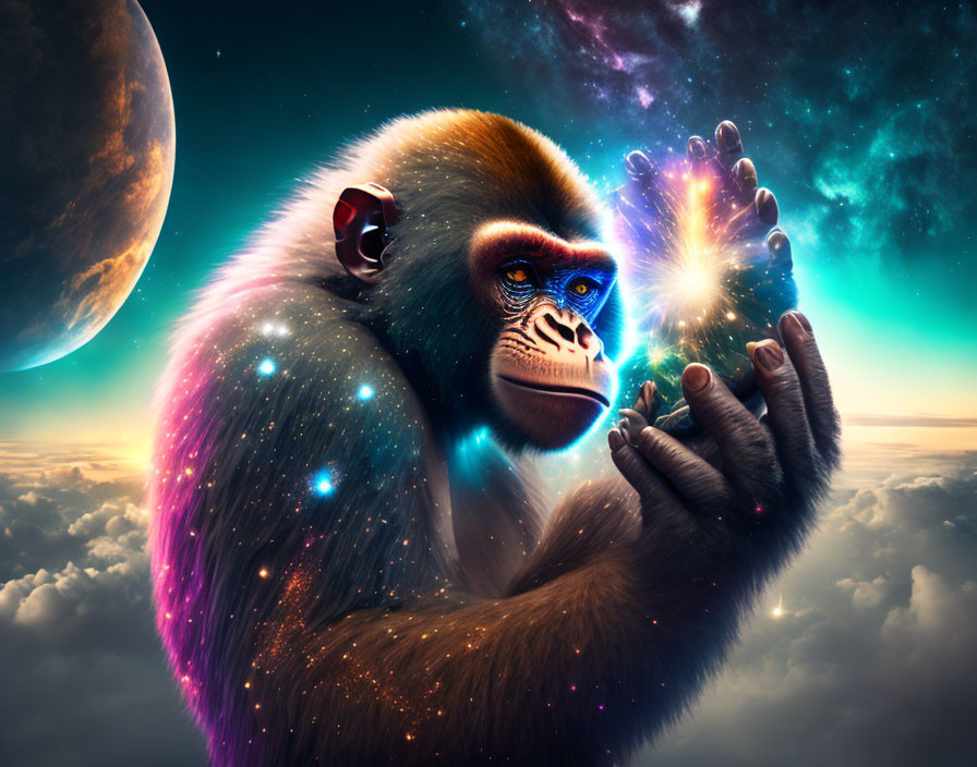 Vibrant cosmic-themed monkey with galaxy pattern, headphones, and celestial background