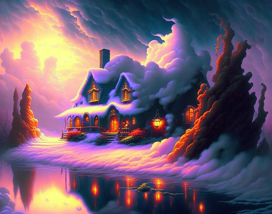 Snow-covered cottage by tranquil lake under purple and orange sky