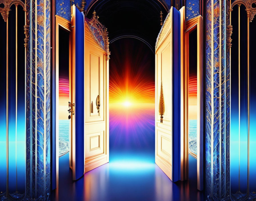 Ornate open door reveals surreal vibrant landscape