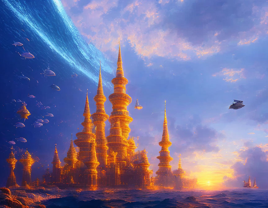 Golden castle with spires, planet sky, flying fish, spaceship in warm sunset.