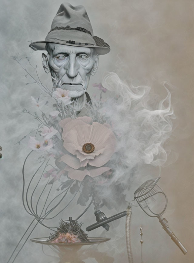 Surreal illustration of elderly man with hat in smoky floral background