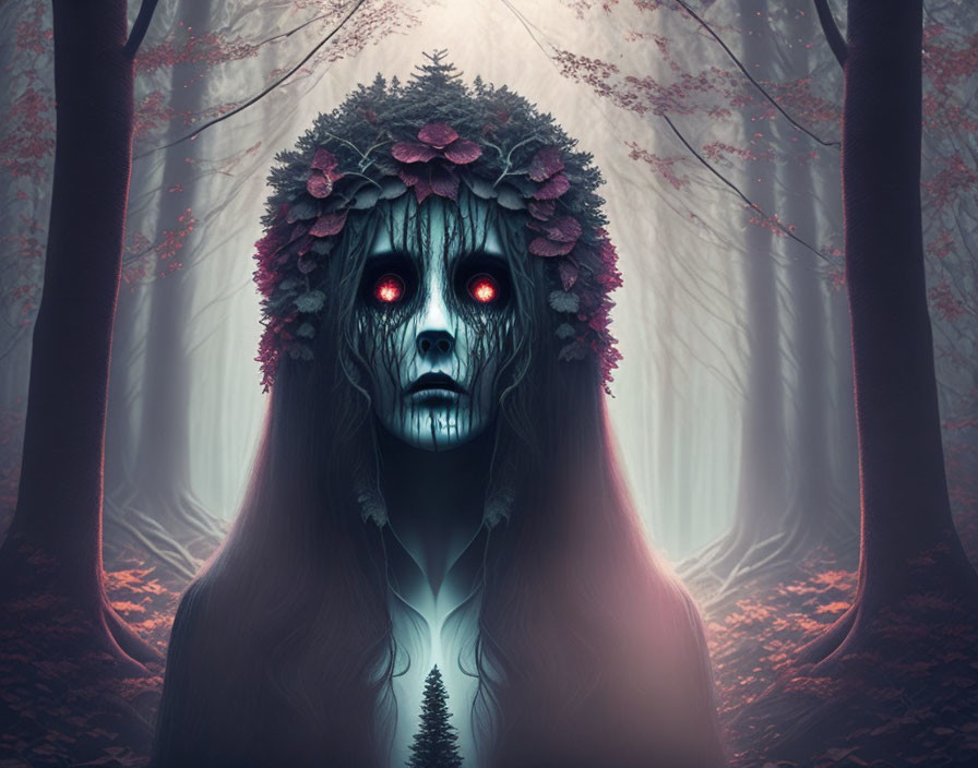 Wolf-headed figure in flowered forest with glowing eyes