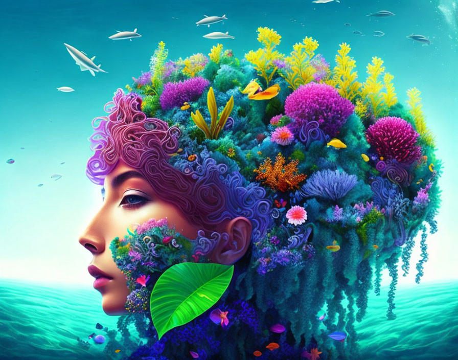 Colorful Woman Profile with Floral Hair in Underwater Scene