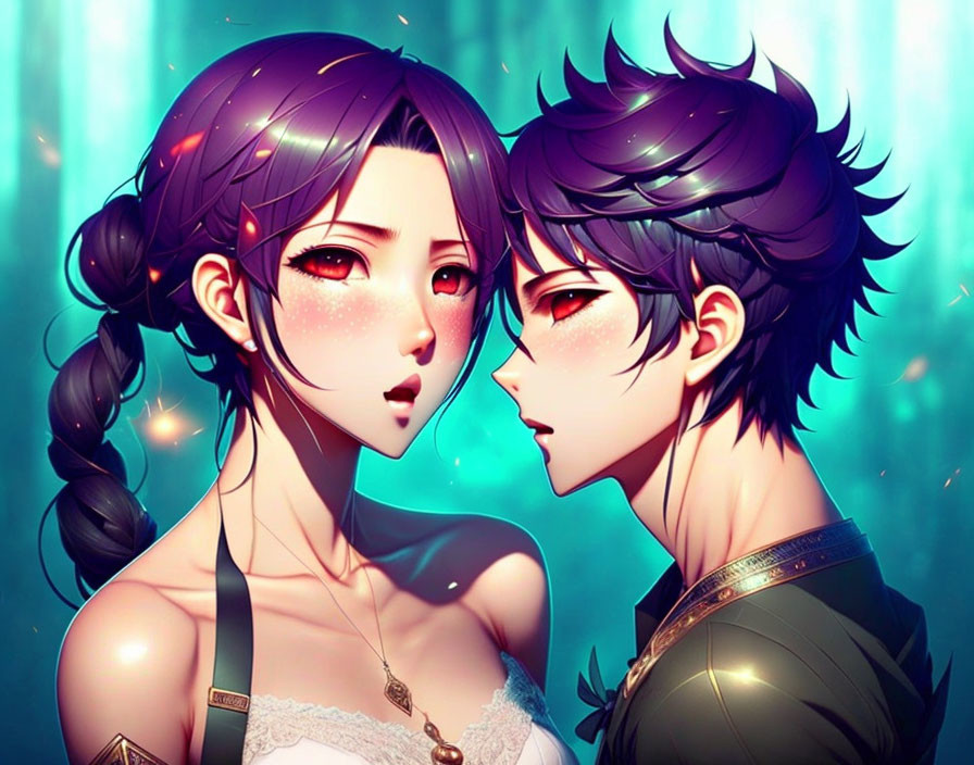 Anime-style characters: Purple-haired female and spiky-haired male facing each other on teal background